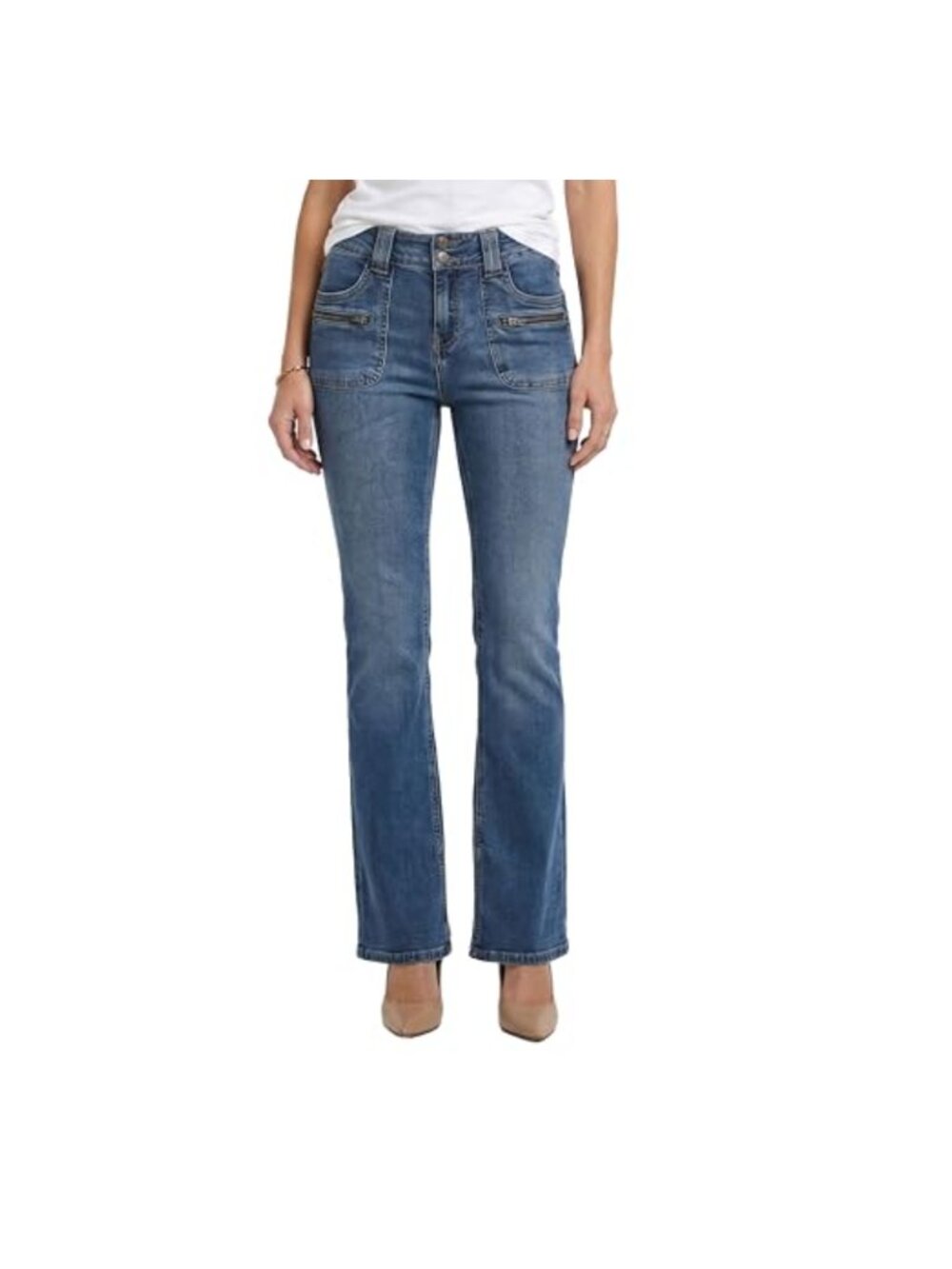High Rise Slim Bootcut Flared Denim Jeans Patch Pocket Fitted